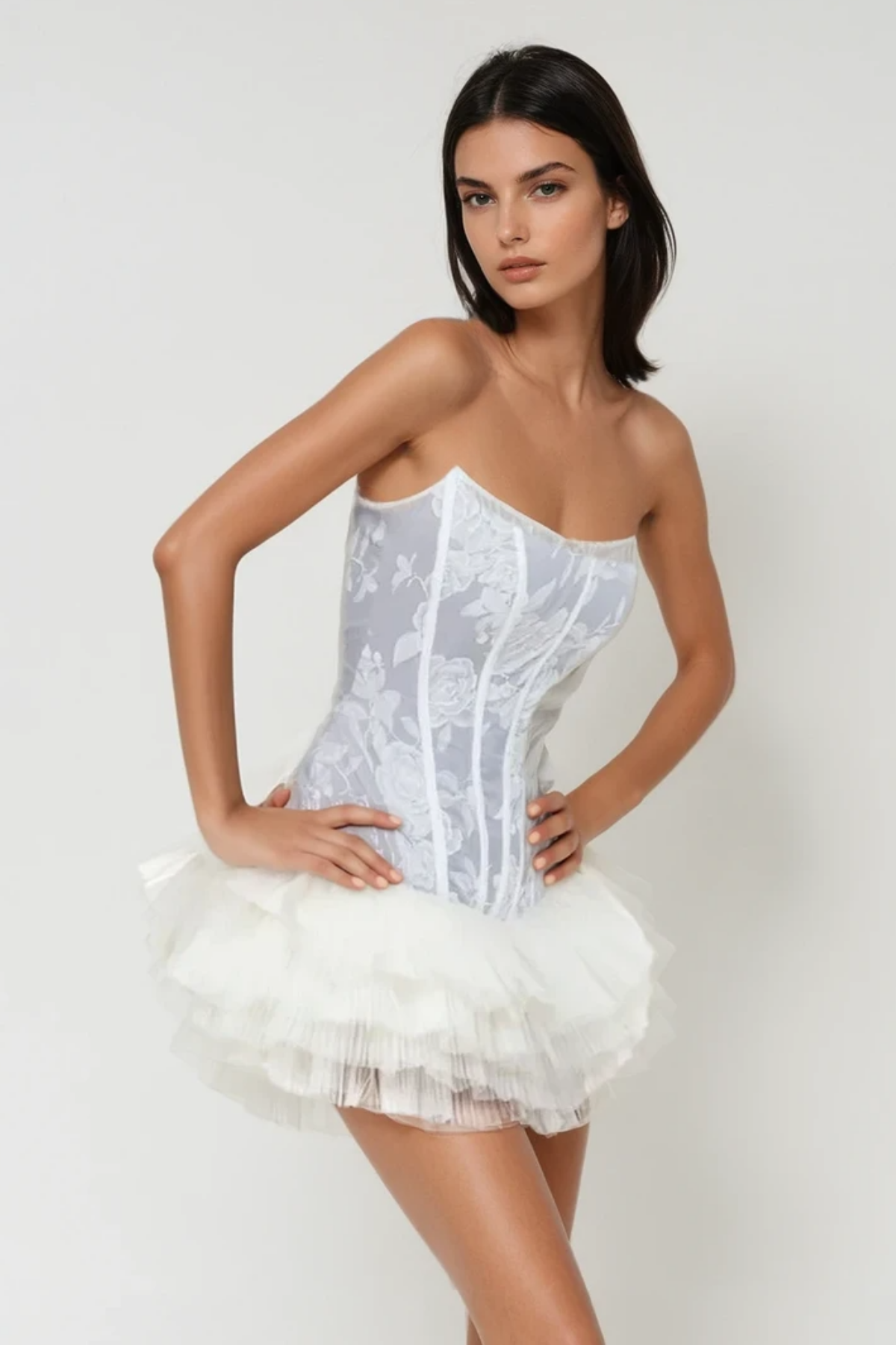 BEDA STRAPLESS FLORAL MESH RUCH MINI DRESS BLUE