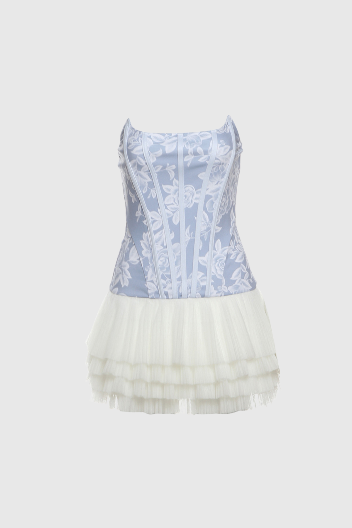 BEDA STRAPLESS FLORAL MESH RUCH MINI DRESS BLUE