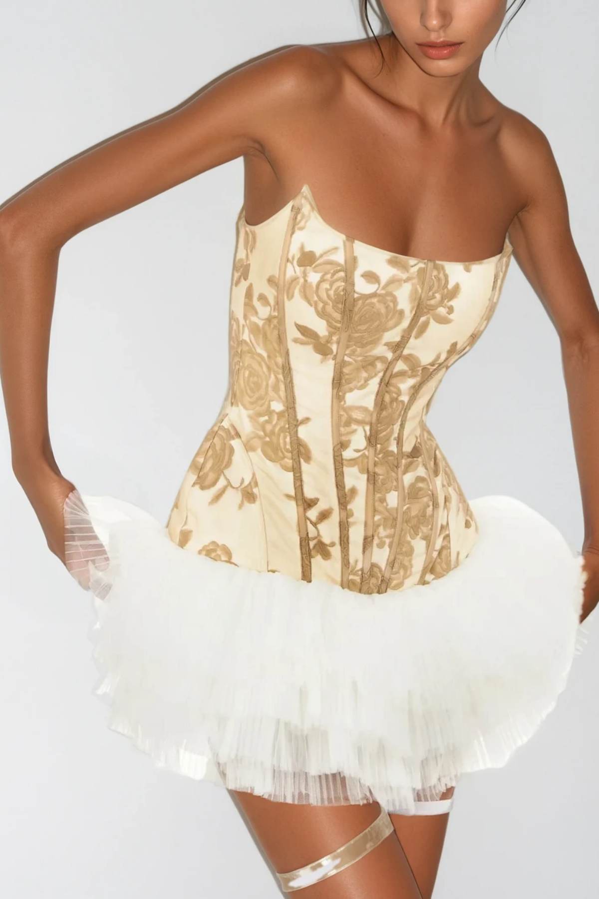 BEDA STRAPLESS YELLOW FLORAL MESH RUCH MINI DRESS