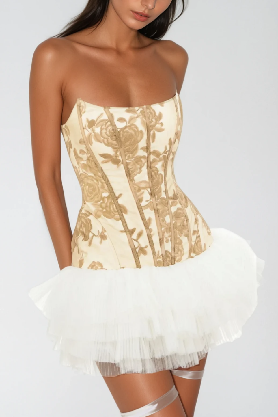 BedaStraplessFloralMeshRuchMiniDressInYellow_3 BEDA STRAPLESS YELLOW FLORAL MESH RUCH MINI DRESS