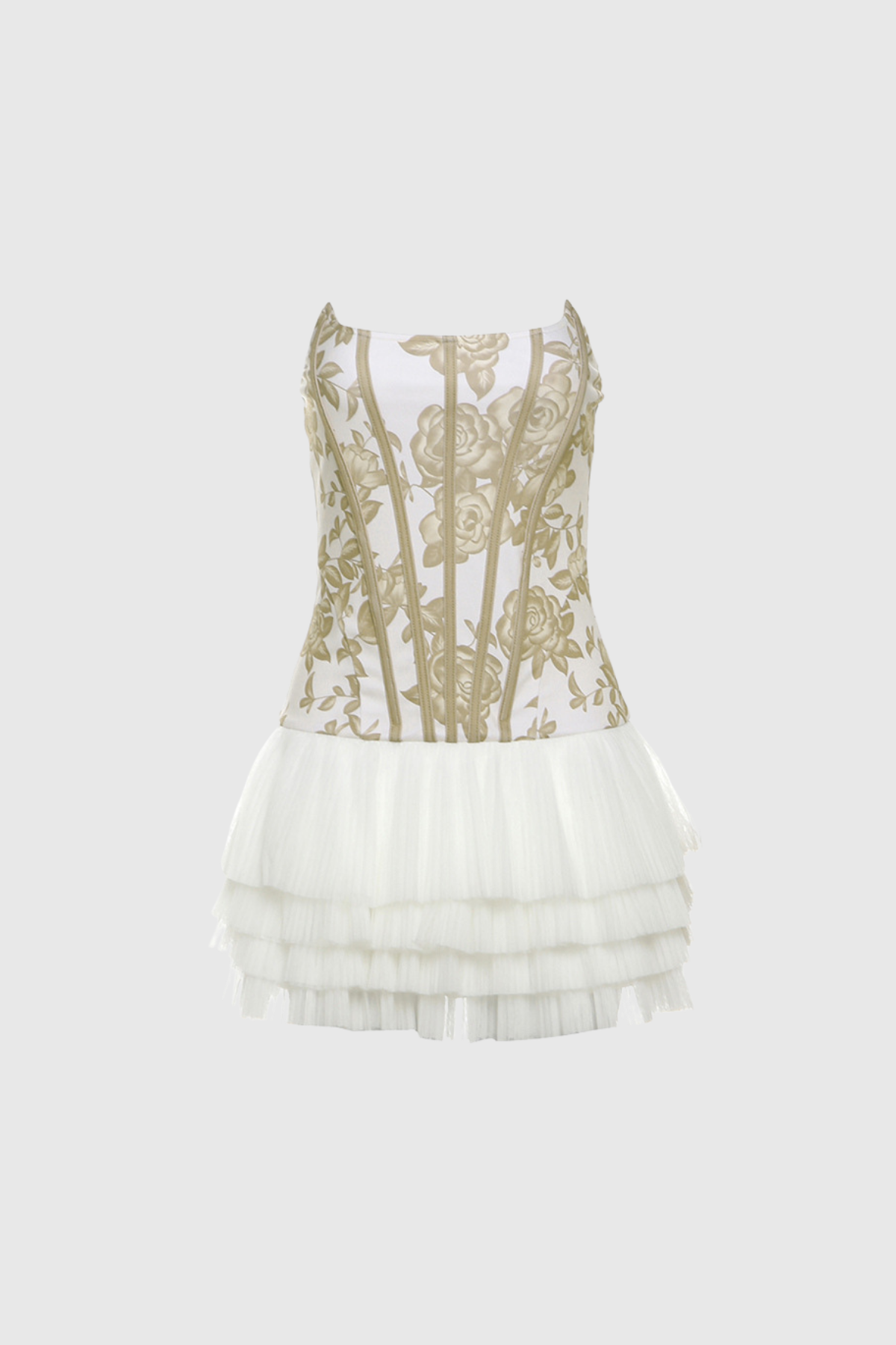 BEDA STRAPLESS YELLOW FLORAL MESH RUCH MINI DRESS