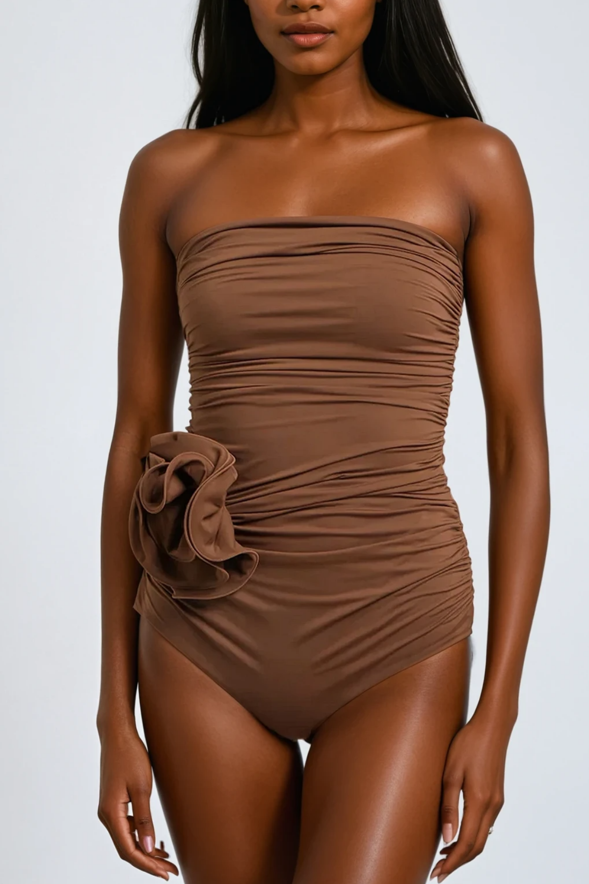 BerachRuchedFlowerOnePieceSwimsuitInMochaMousse_1 NANCY RUCHED FLOWER ONE-PIECE SWIMSUIT MOCHA