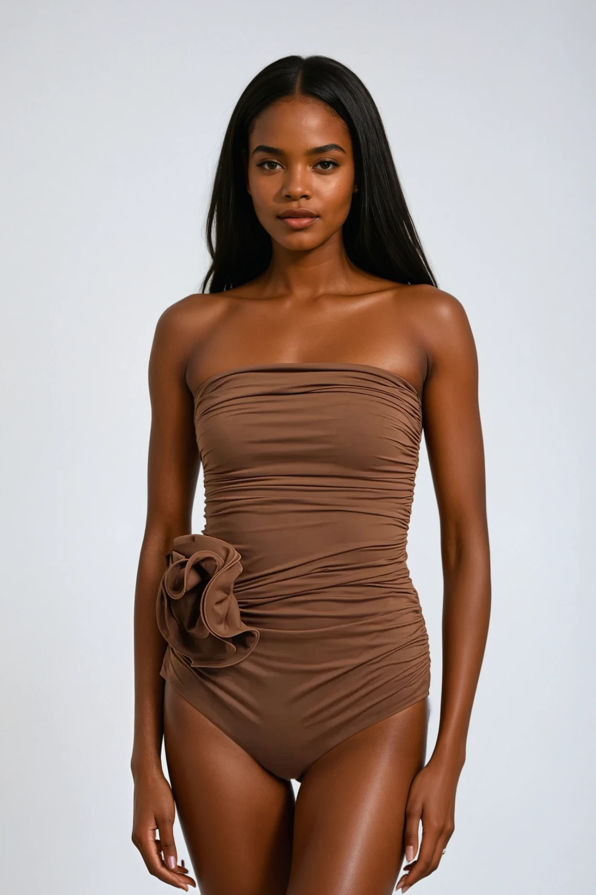 NANCY RUCHED FLOWER ONE-PIECE SWIMSUIT MOCHA