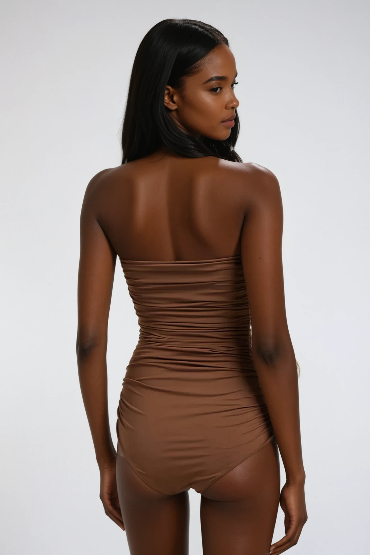 NANCY RUCHED FLOWER ONE-PIECE SWIMSUIT MOCHA