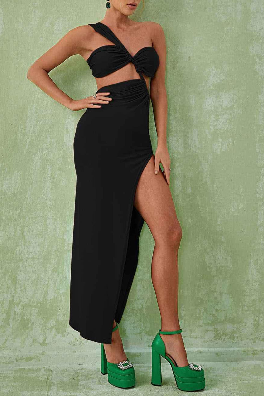 BERENICE BLACK ONE-SHOULDER CUTOUT MAXI DRESS