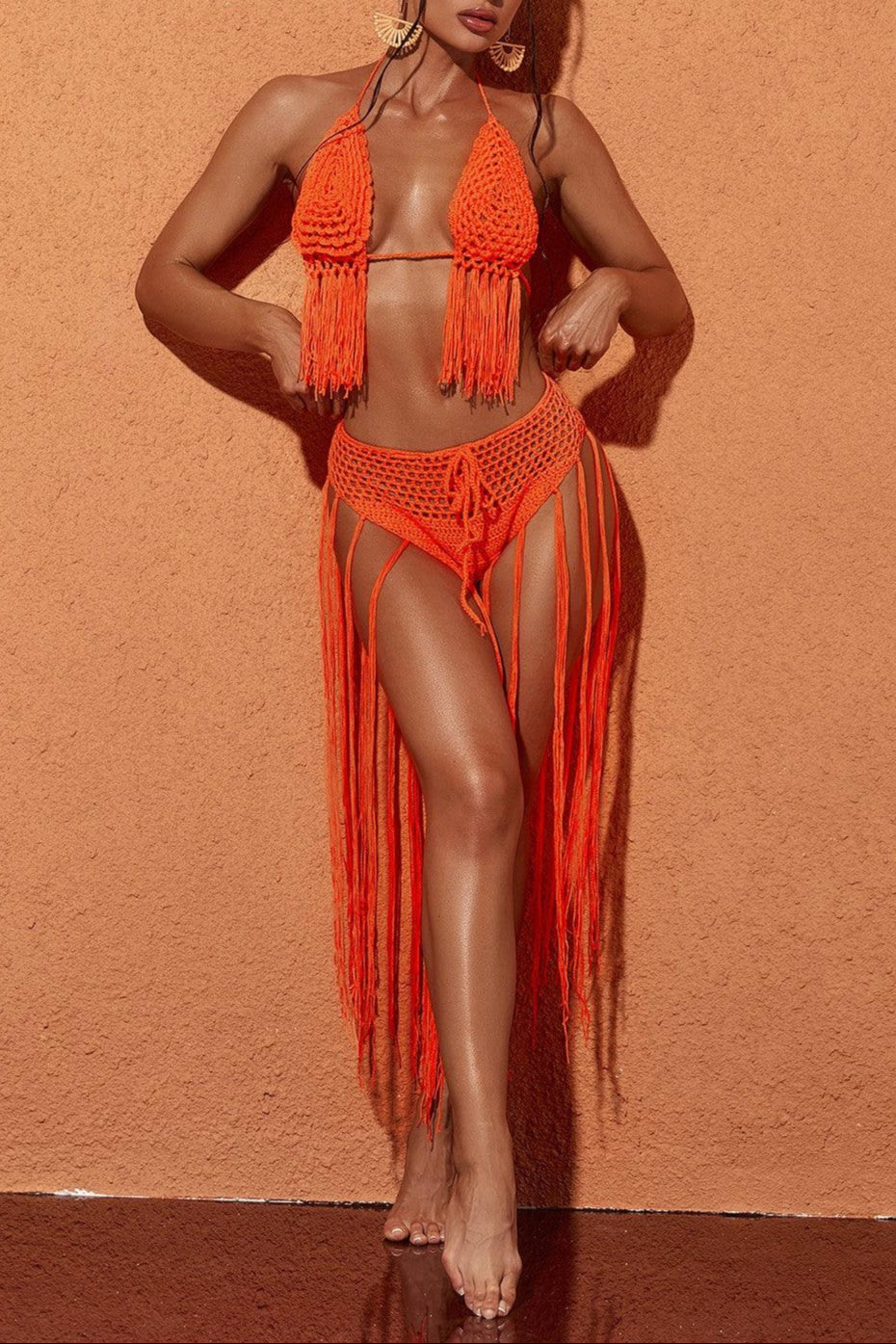 Berlin Knit Fringe Bikini Two Piece Set In Orange