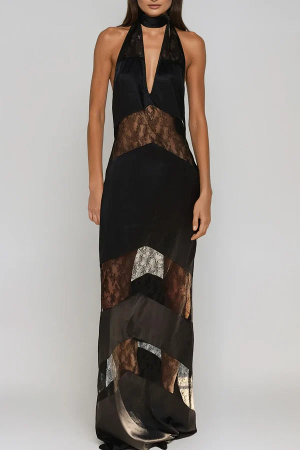 CLORA SATIN HALTER LACE MAXI DRESS BLACK