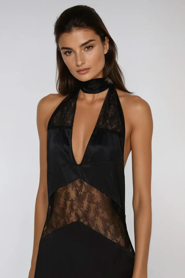 CLORA SATIN HALTER LACE MAXI DRESS BLACK