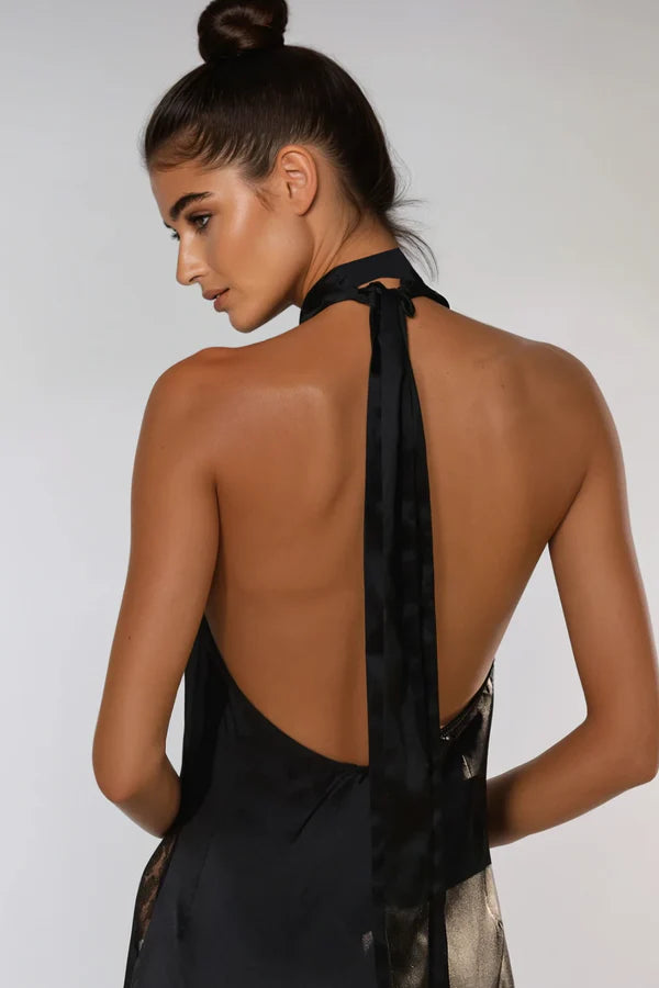 CLORA SATIN HALTER LACE MAXI DRESS BLACK