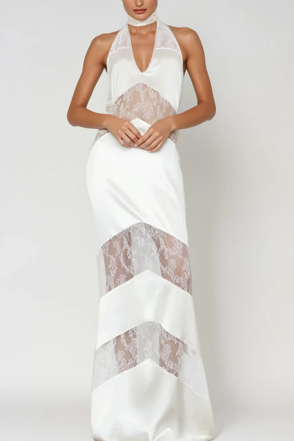 CLORA SATIN HALTER LACE MAXI DRESS WHITE WEDDING