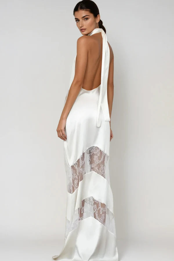 CLORA SATIN HALTER LACE MAXI DRESS WHITE WEDDING