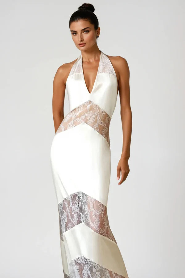 CLORA SATIN HALTER LACE MAXI DRESS WHITE WEDDING