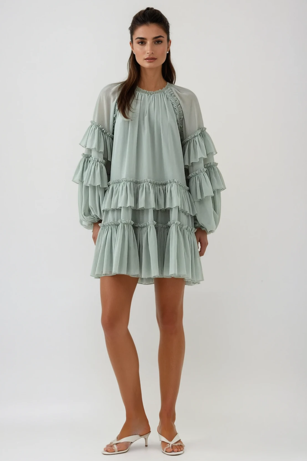 FREDA GREEN BALLOON SLEEVE MESH RUCHED MINI DRESS
