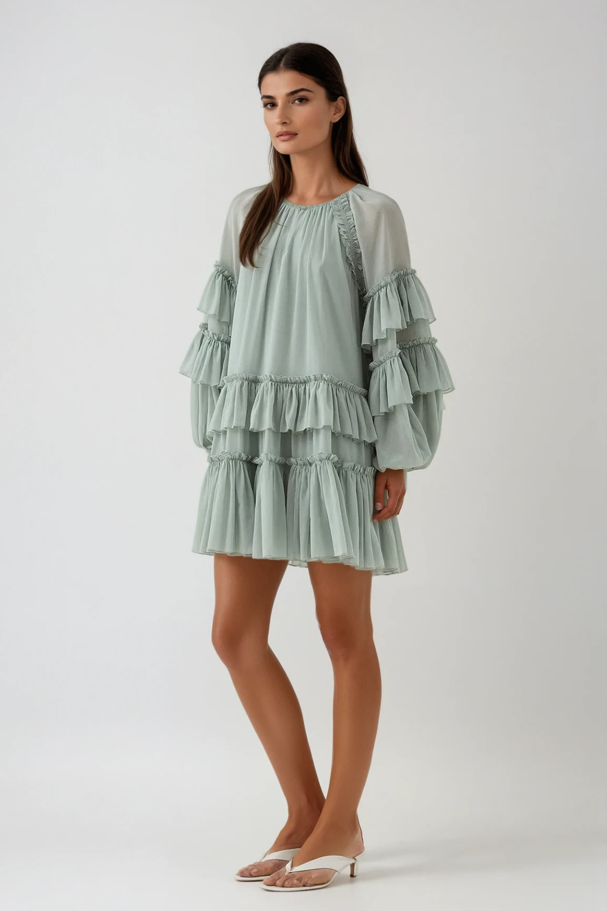 FREDA GREEN BALLOON SLEEVE MESH RUCHED MINI DRESS
