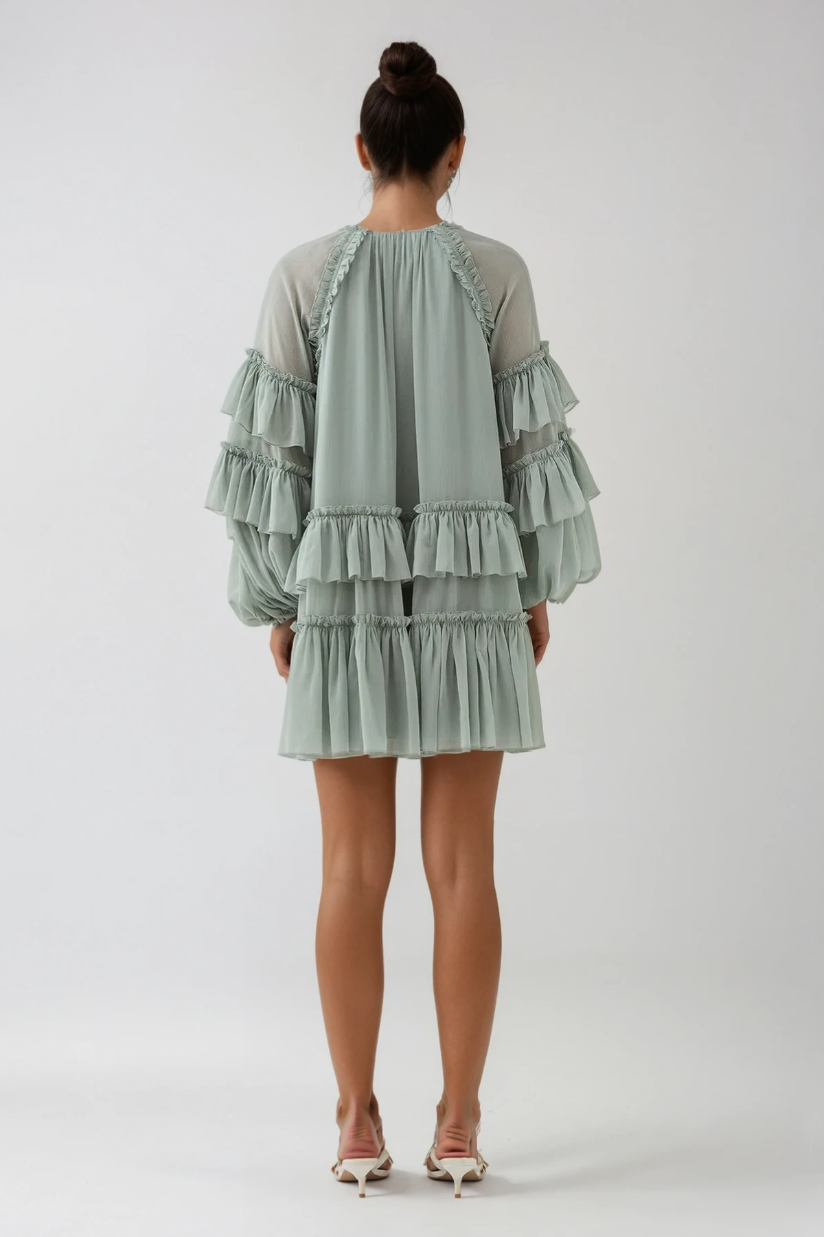 FREDA GREEN BALLOON SLEEVE MESH RUCHED MINI DRESS