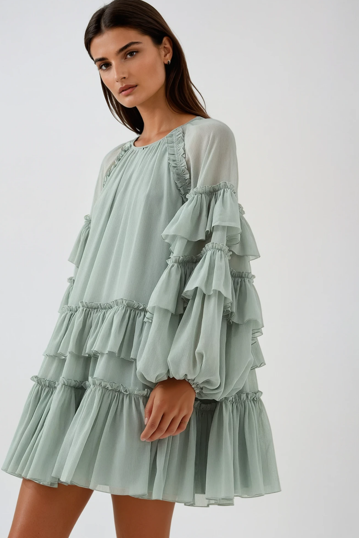 FREDA GREEN BALLOON SLEEVE MESH RUCHED MINI DRESS