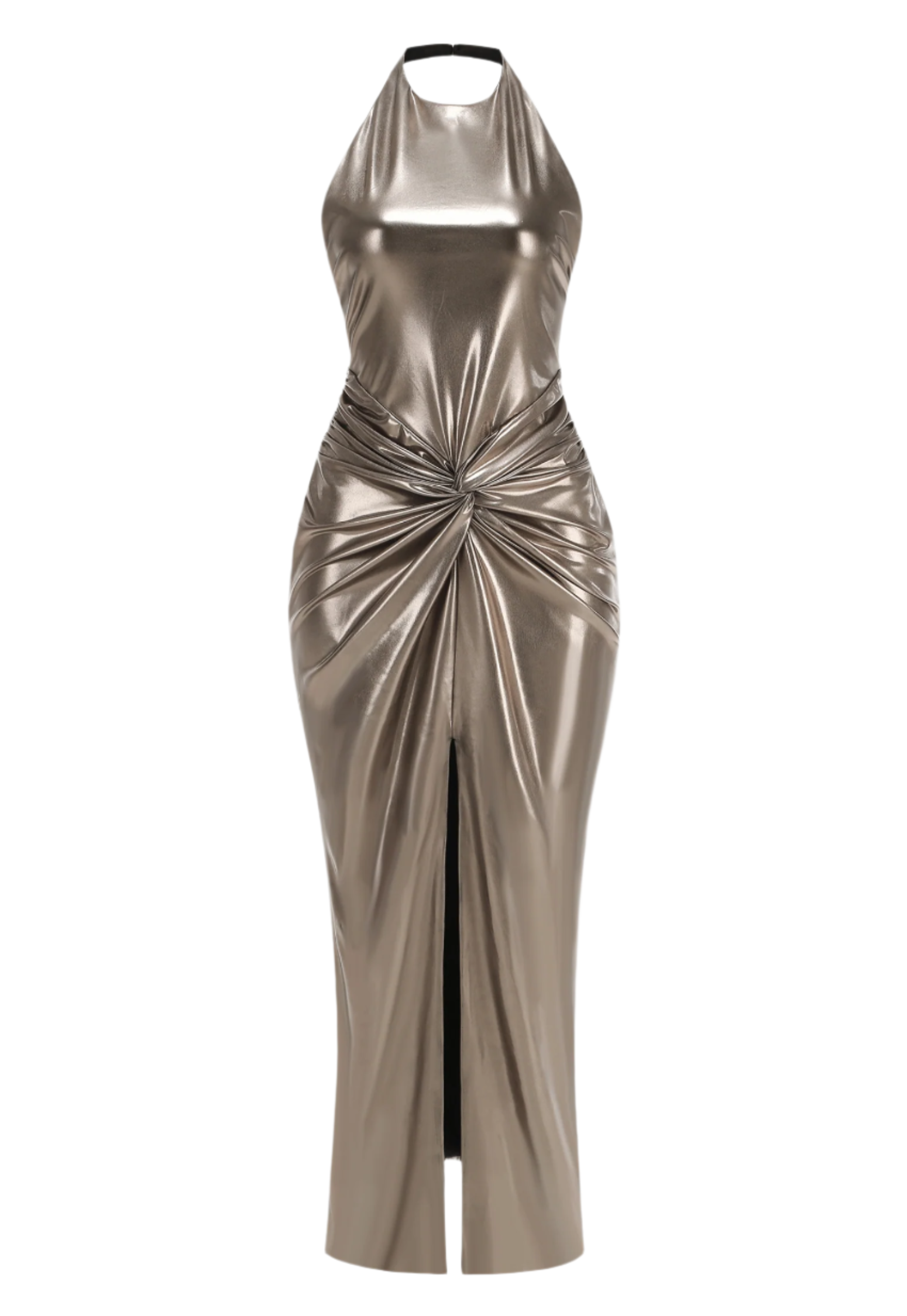 GOLD HALTER BACKLESS RUCHED MAXI DRESS FOR EVENING