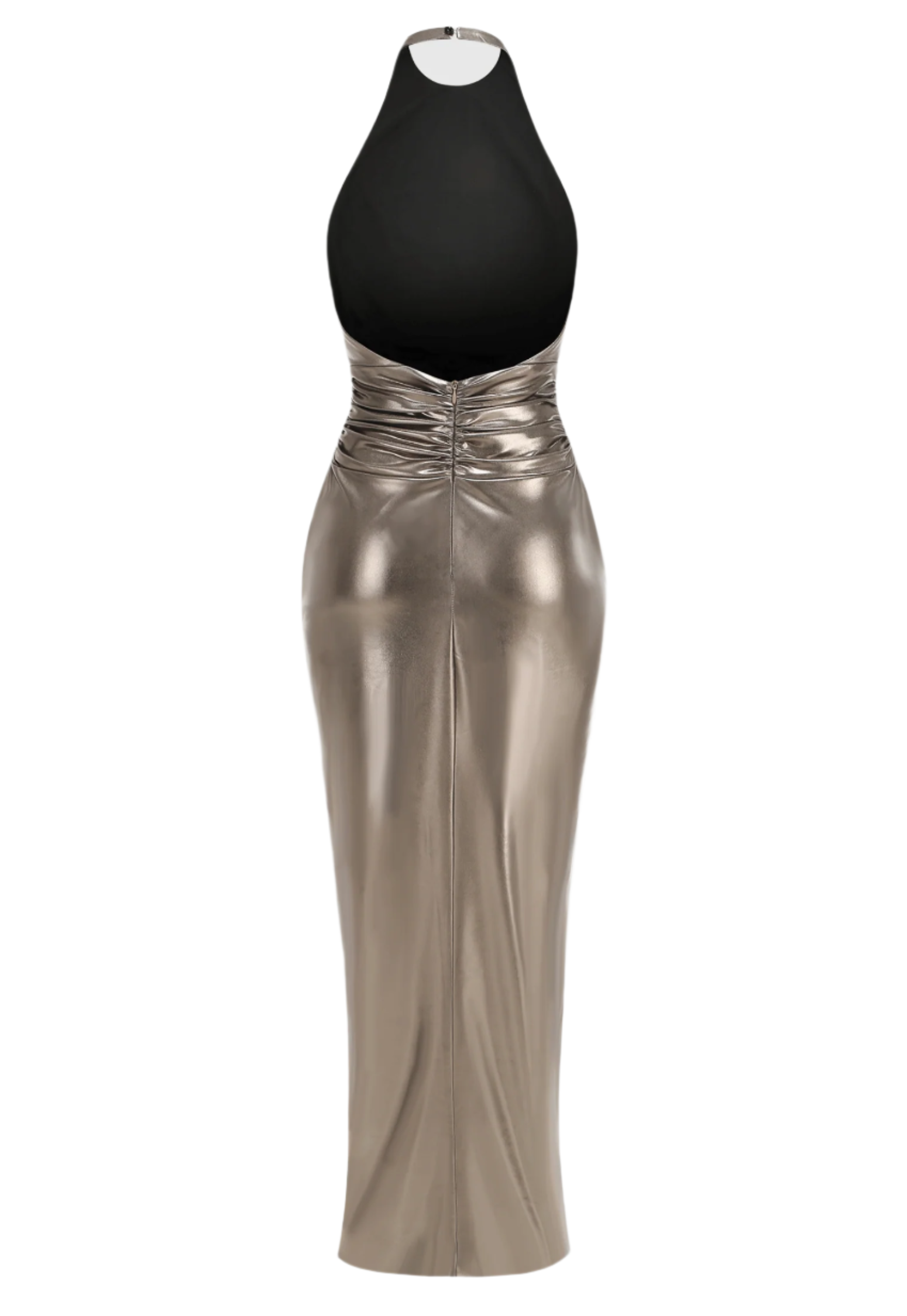GOLD HALTER BACKLESS RUCHED MAXI DRESS FOR EVENING