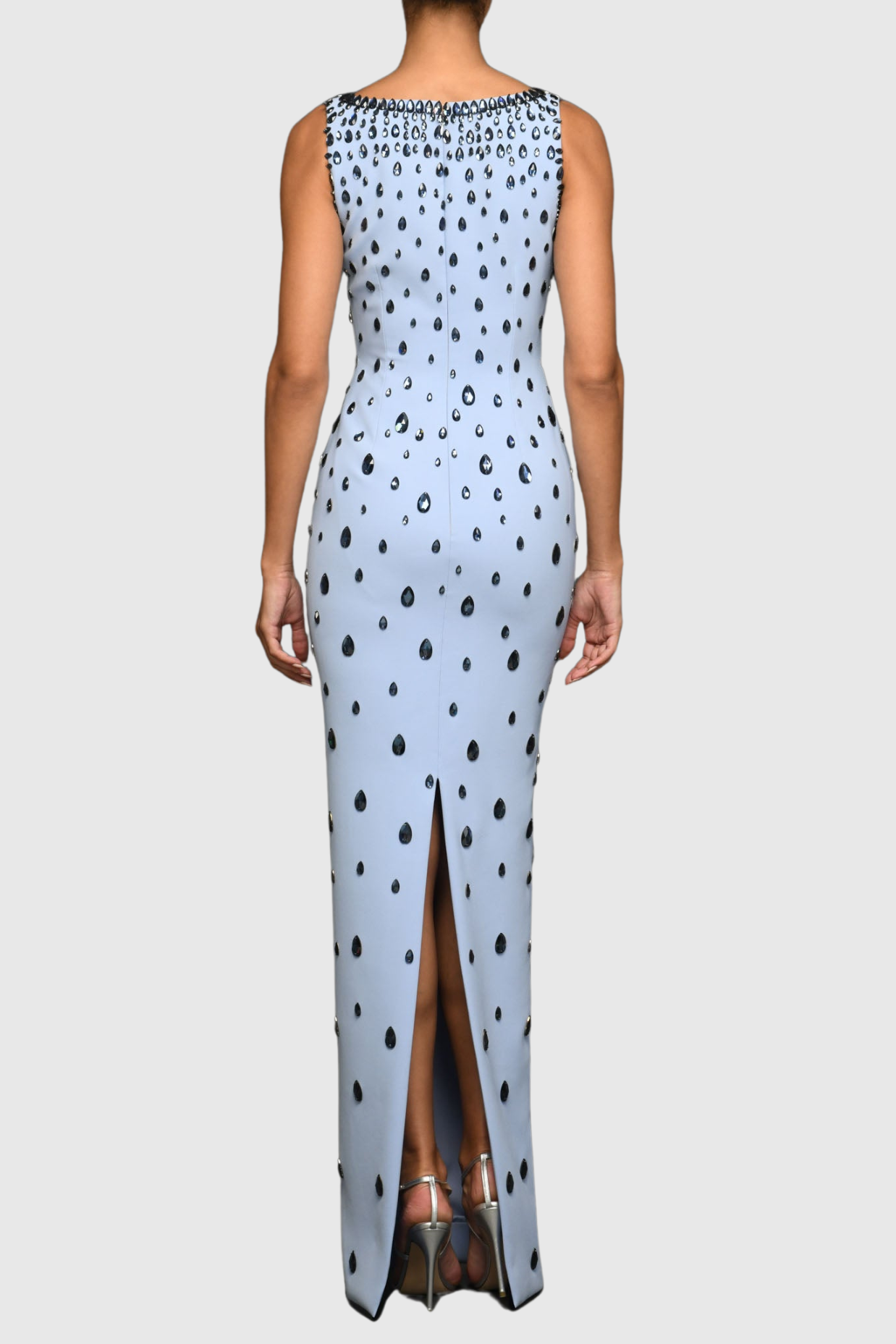 CREPE MAXI DRESS WITH EMBROIDERED RAINDROPS, BLUE