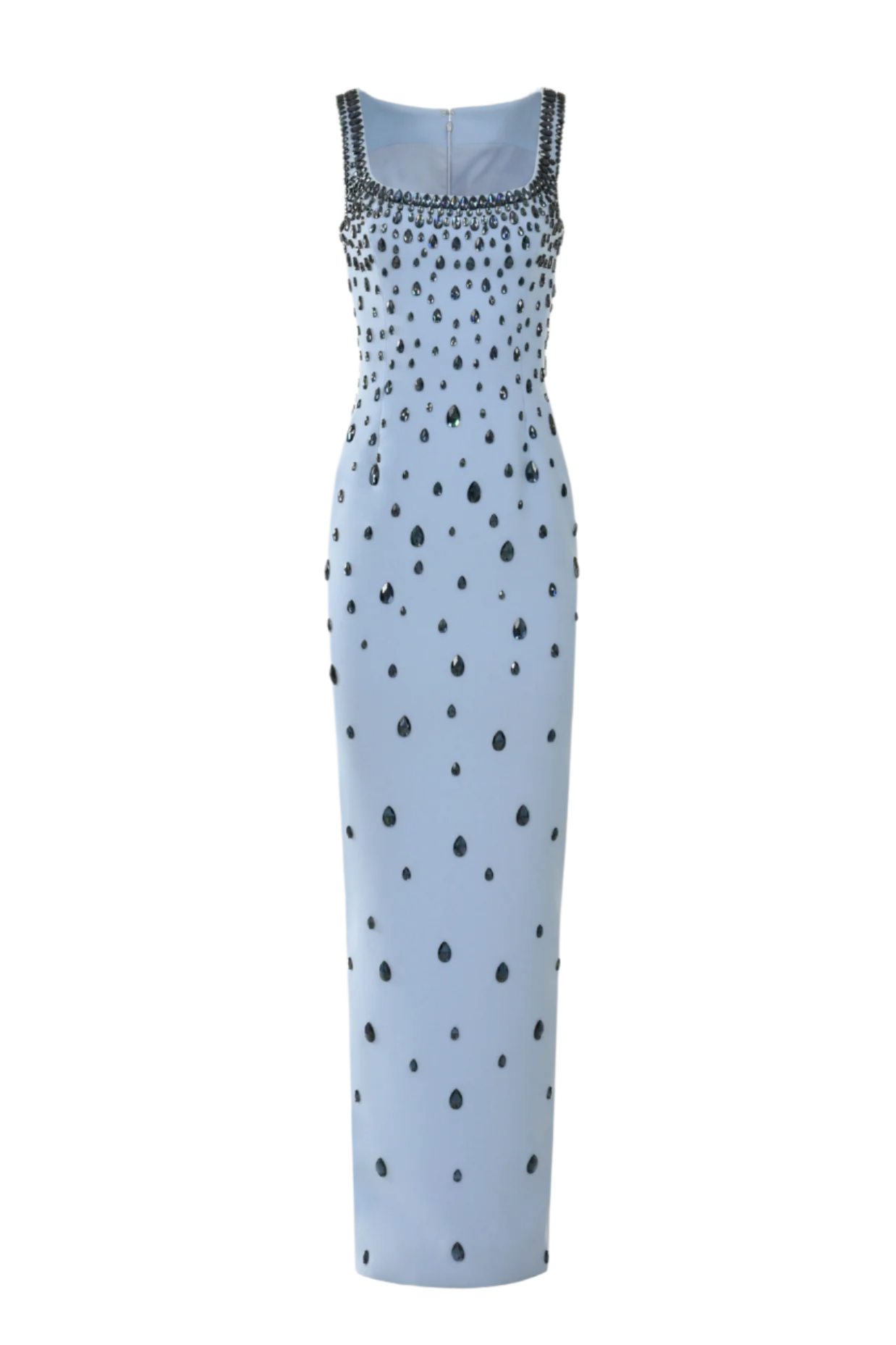 CREPE MAXI DRESS WITH EMBROIDERED RAINDROPS, BLUE