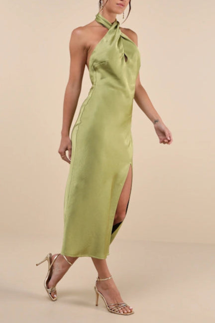 BEYOND CLASSY CHARTREUSE SATIN HALTER MIDI DRESS