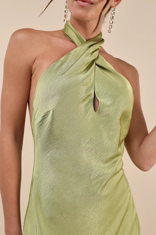 BEYOND CLASSY CHARTREUSE SATIN HALTER MIDI DRESS