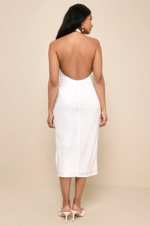 BEYOND CLASSY WHITE SATIN HALTER MIDI DRESS