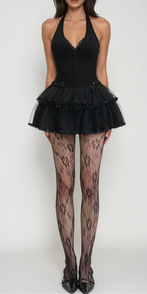Mesh Halter Neck Corset Mini Dress in black