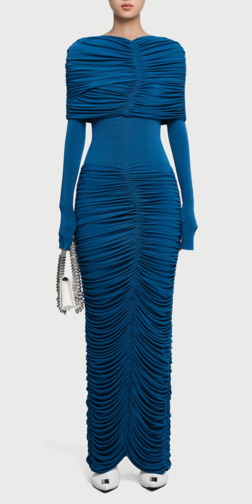 alice navy pleated Form-fitting maxi dress with asymmetrical draped sh