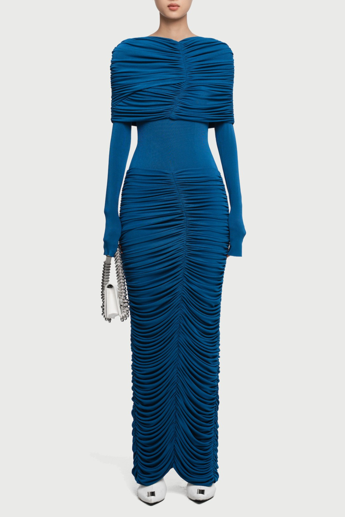 alice navy pleated Form-fitting maxi dress with asymmetrical draped sh