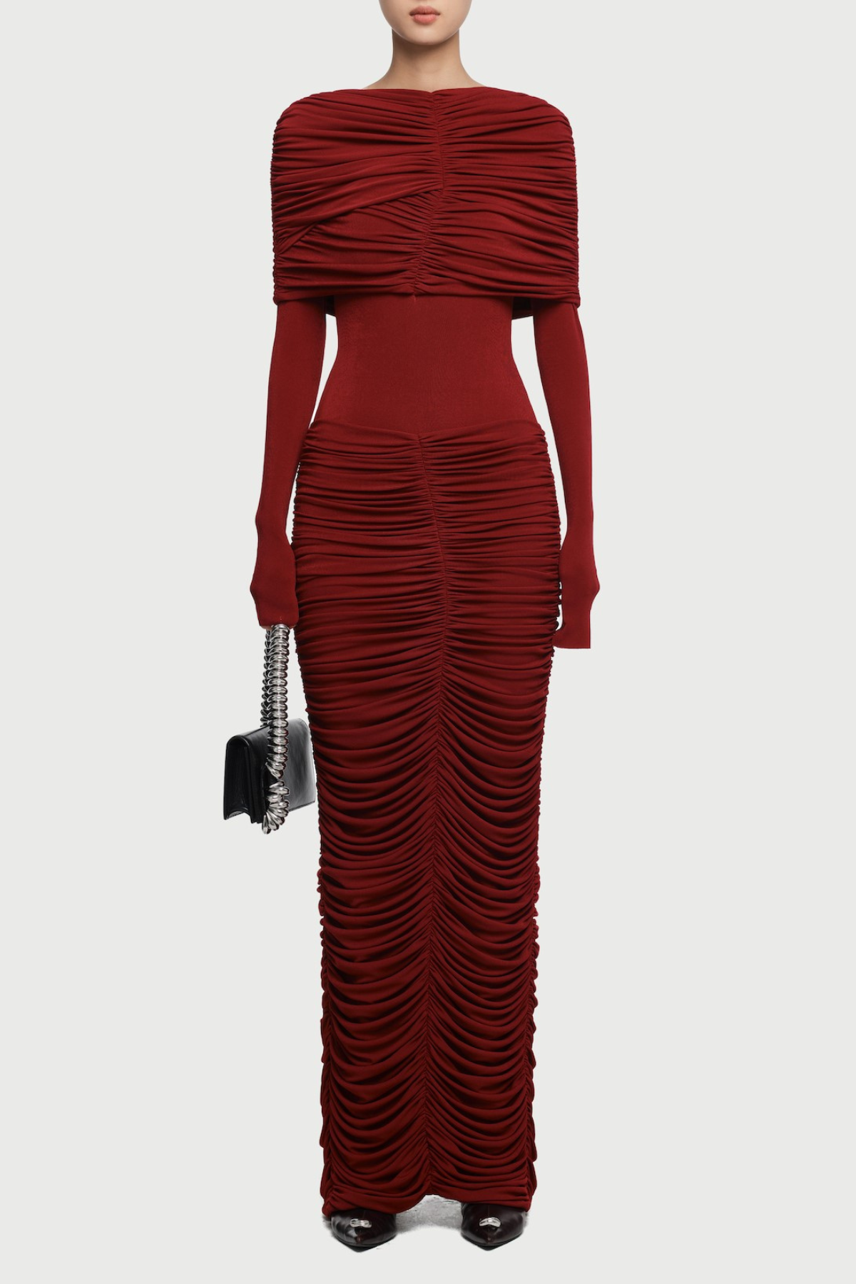 ALICE RED ASYMMETRIC DRAPED MAXI DRESS, FORM-FITTING