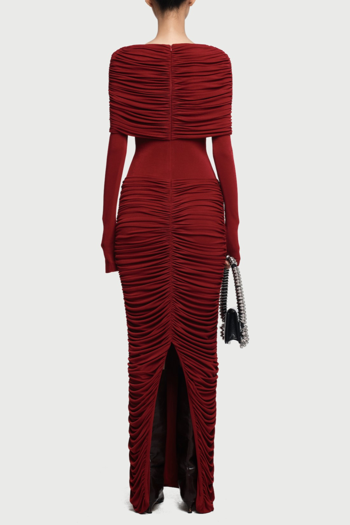 ALICE RED ASYMMETRIC DRAPED MAXI DRESS, FORM-FITTING