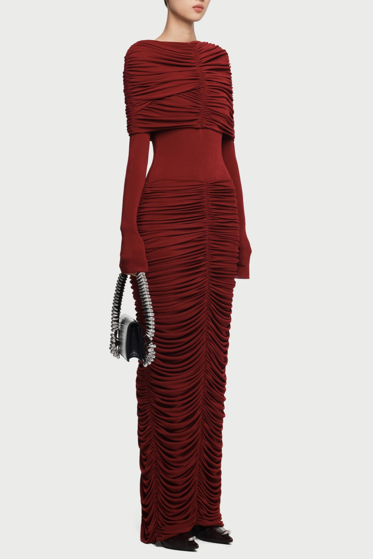 ALICE RED ASYMMETRIC DRAPED MAXI DRESS, FORM-FITTING