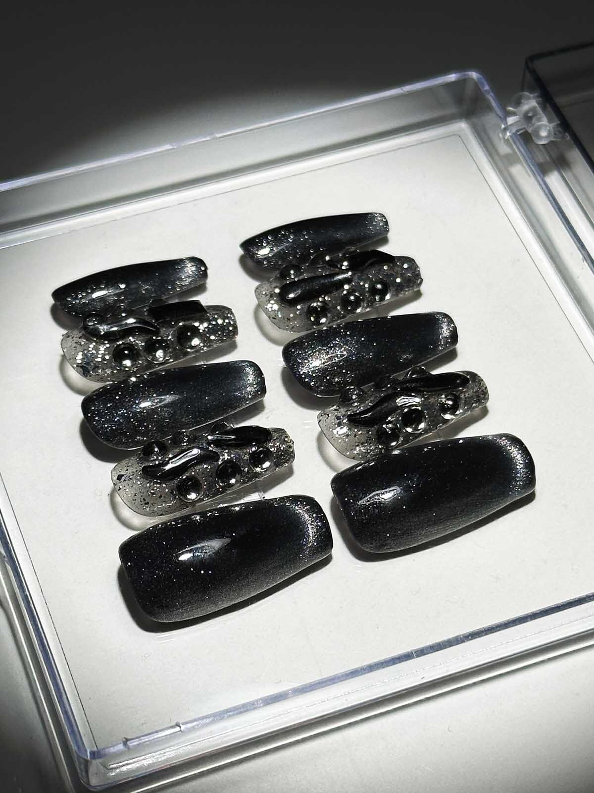 BLACK CAT EYE CRYSTAL PRESS ON NAILS FOR PARTY