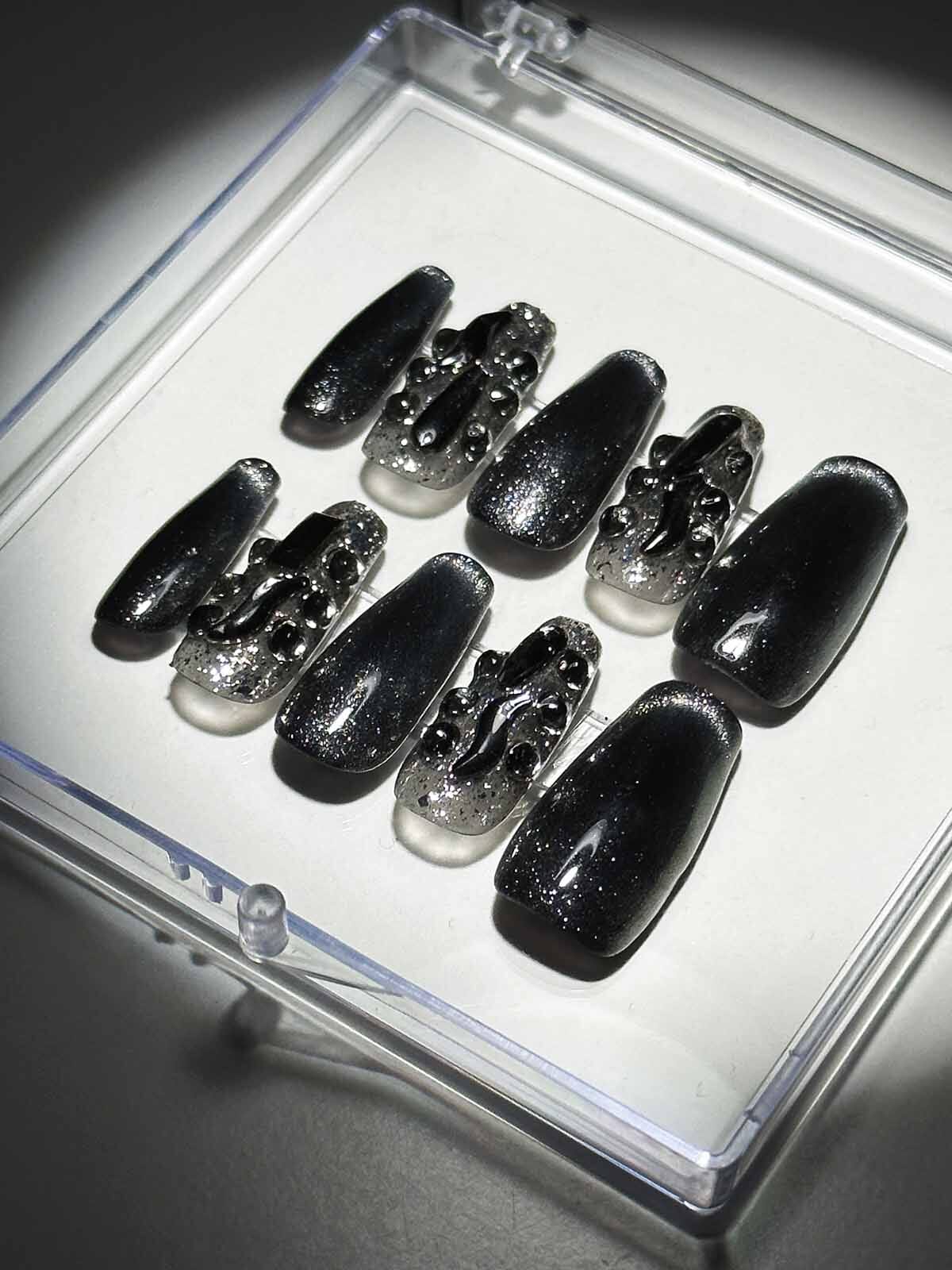 BLACK CAT EYE CRYSTAL PRESS ON NAILS FOR PARTY