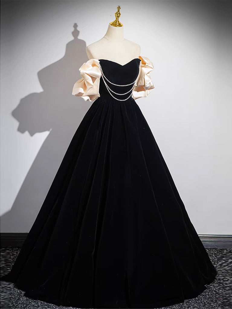 A-LINE BLACK VELVET LONG PROM GOWN