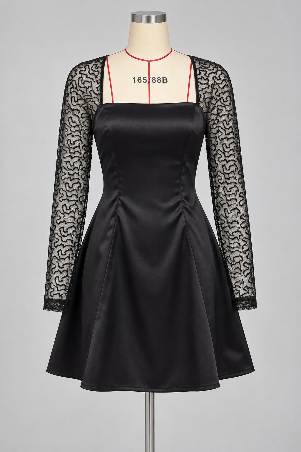 Black_Satin_Lace_Long_Sleeve_Mini_Dress_Square_Neck_Corset_Lace-up_Back_A-line_Party_Dress ALBERTA MINI DRESS BLACK – SLEEK PARTY BODYCON