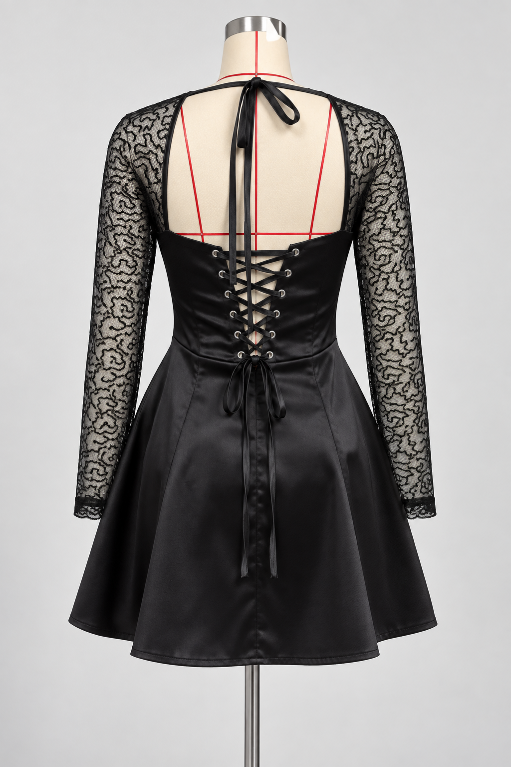 Black_Satin_Lace_Long_Sleeve_Square_Neck_Corset_Lace-up_Back_A-line_Party_Dress ALBERTA MINI DRESS BLACK – SLEEK PARTY BODYCON