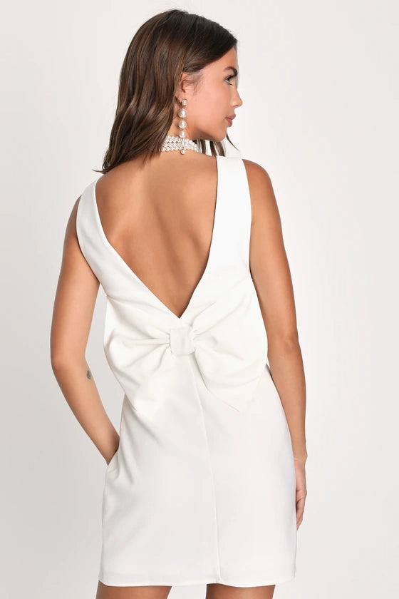 BLISSFULLY BEAMING WHITE SLEEVELESS BOW MINI DRESS