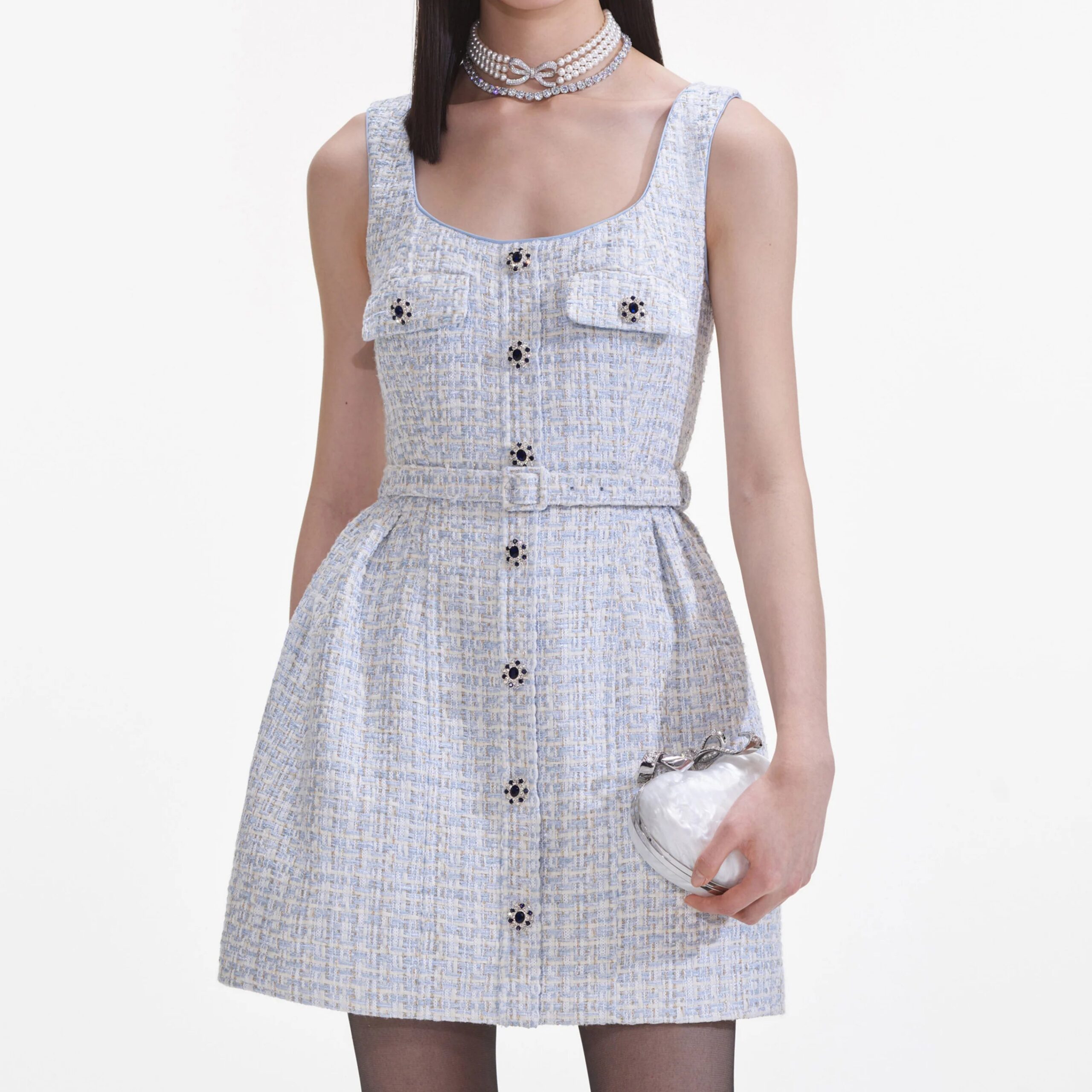 BLUE BOUCLE SLEEVELESS MINI COCKTAIL DRESS