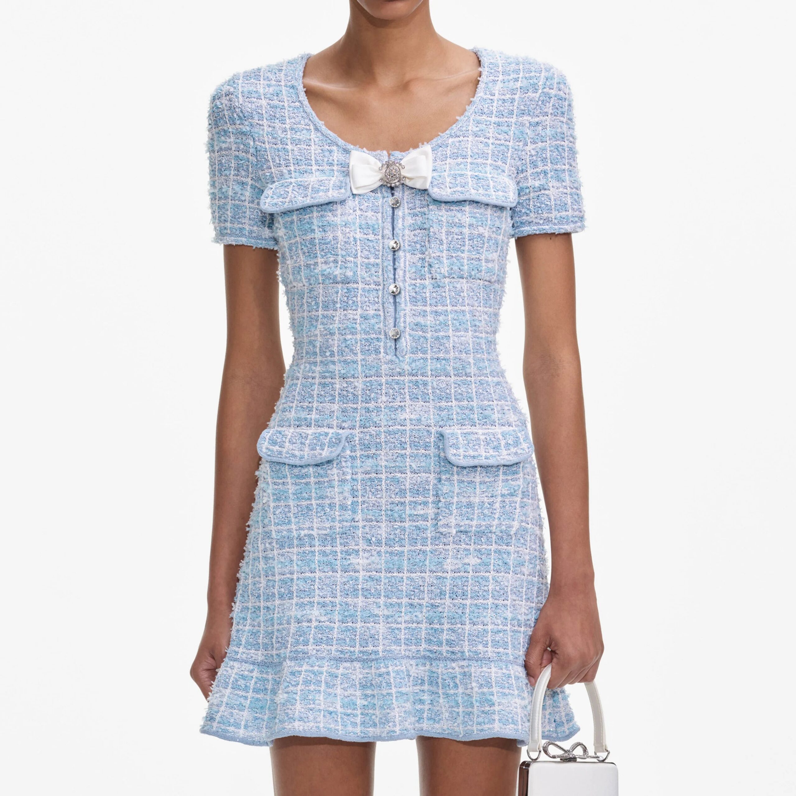 BLUE CHECK KNIT MINI DRESS FOR PARTY