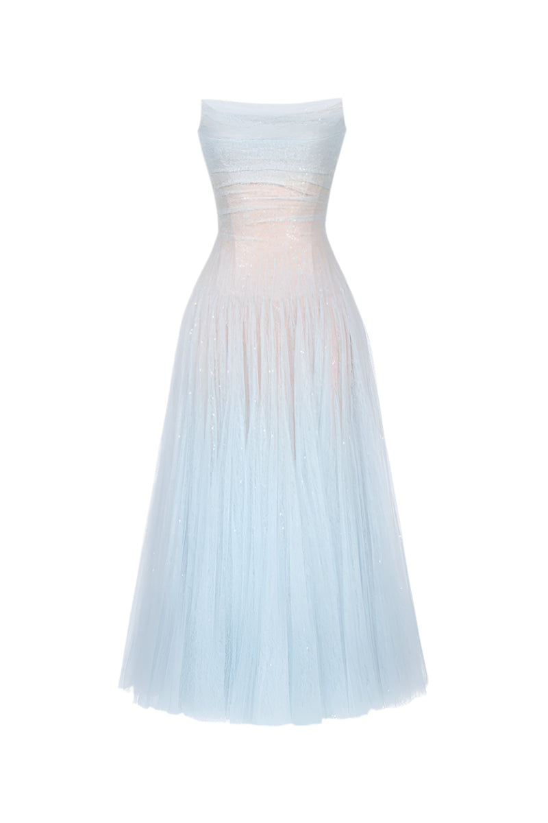 BLUE DRAPED LACE MIDI DRESS FOR EVENING