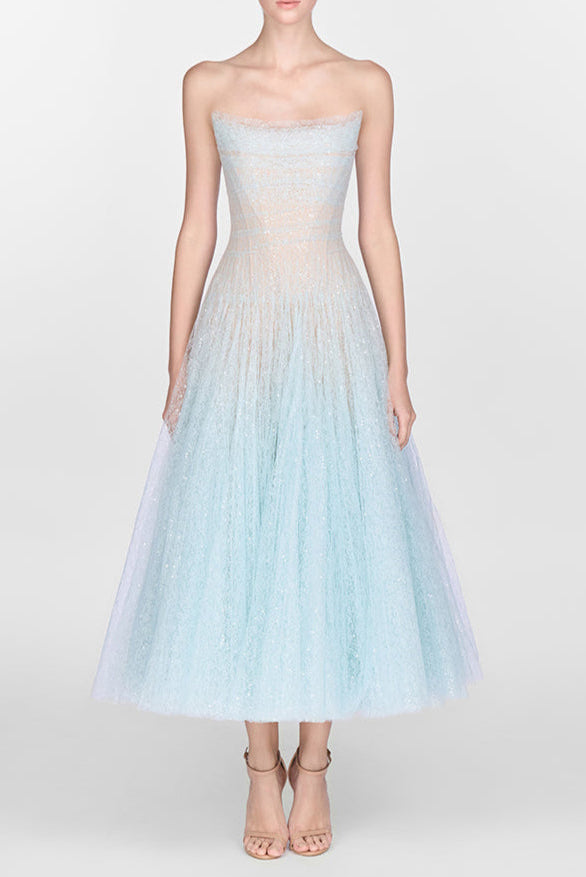 BLUE DRAPED LACE MIDI DRESS FOR EVENING