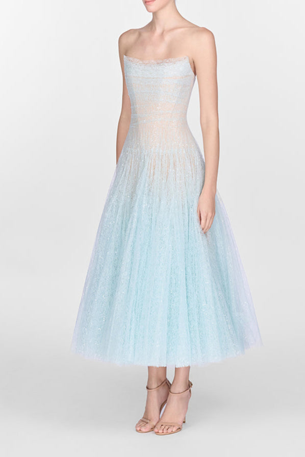 BLUE DRAPED LACE MIDI DRESS FOR EVENING