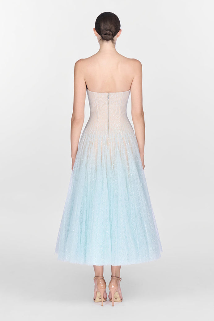 BLUE DRAPED LACE MIDI DRESS FOR EVENING
