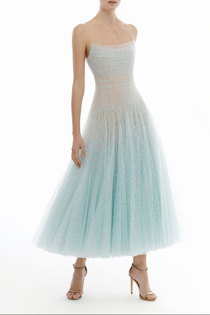 BLUE DRAPED LACE MIDI DRESS FOR EVENING