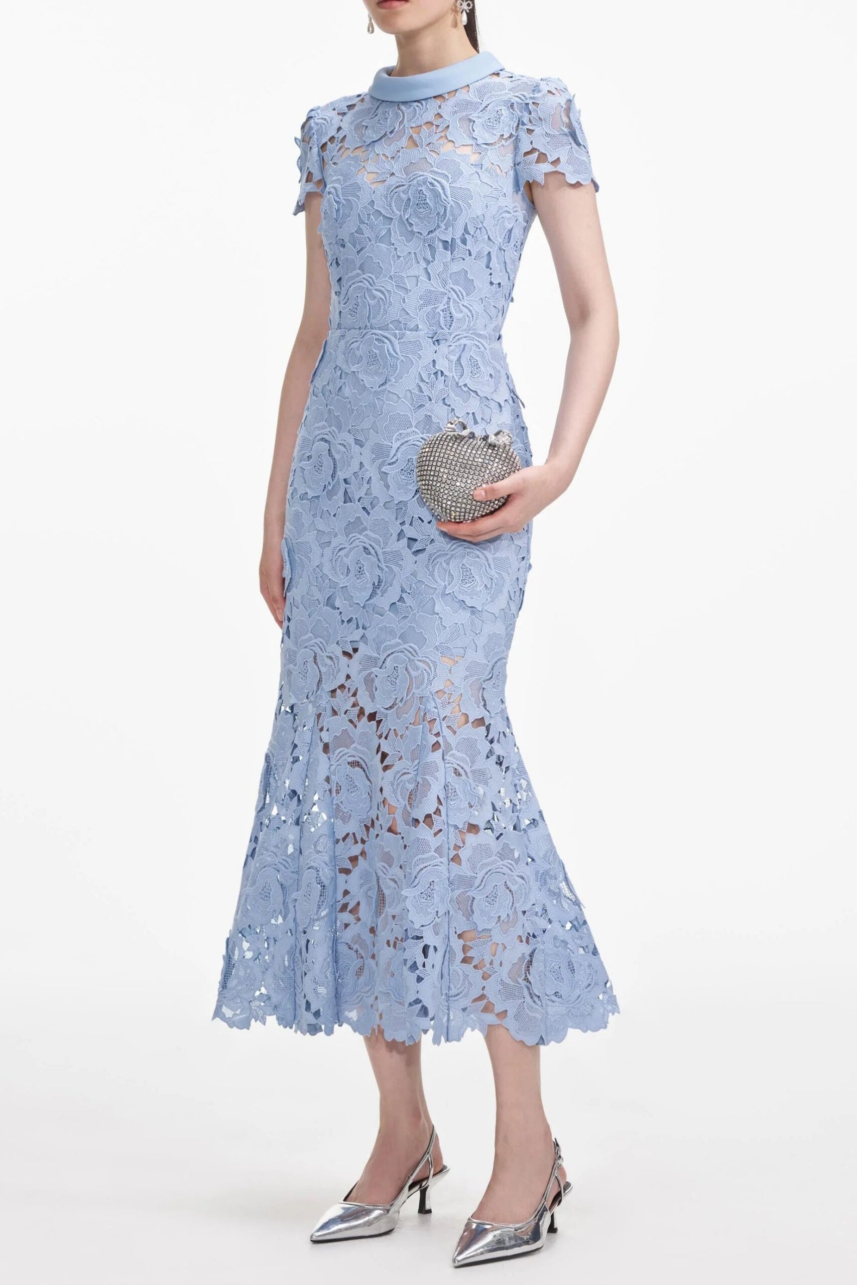 BLUE FLOWER LACE COLLAR MIDI DRESS