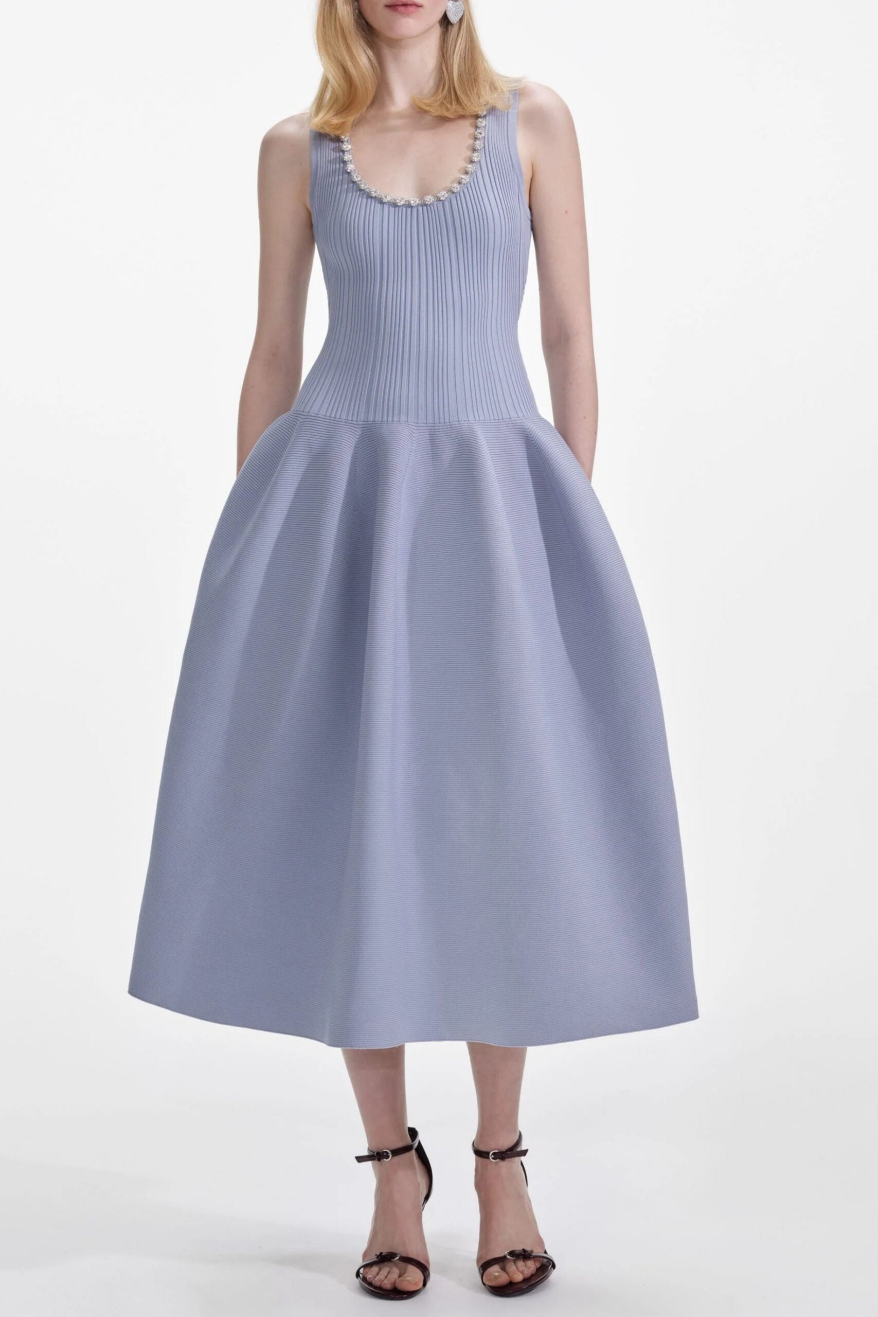 BlueRibbedKnitDiamanteMidiDress BLUE RIBBED MIDI DRESS WITH DIAMANTE DETAIL FOR PARTY