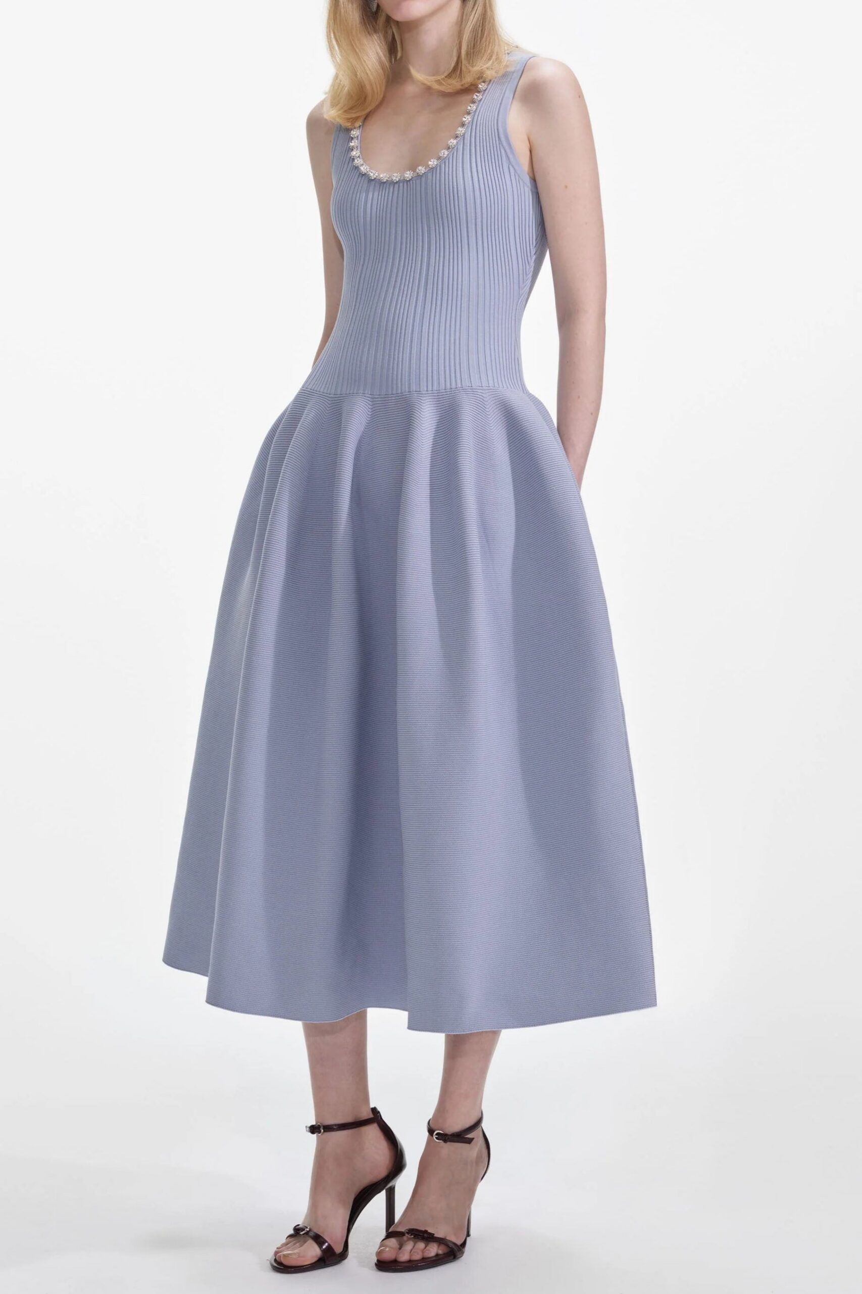 BLUE RIBBED MIDI DRESS WITH DIAMANTE DETAIL FOR PARTY