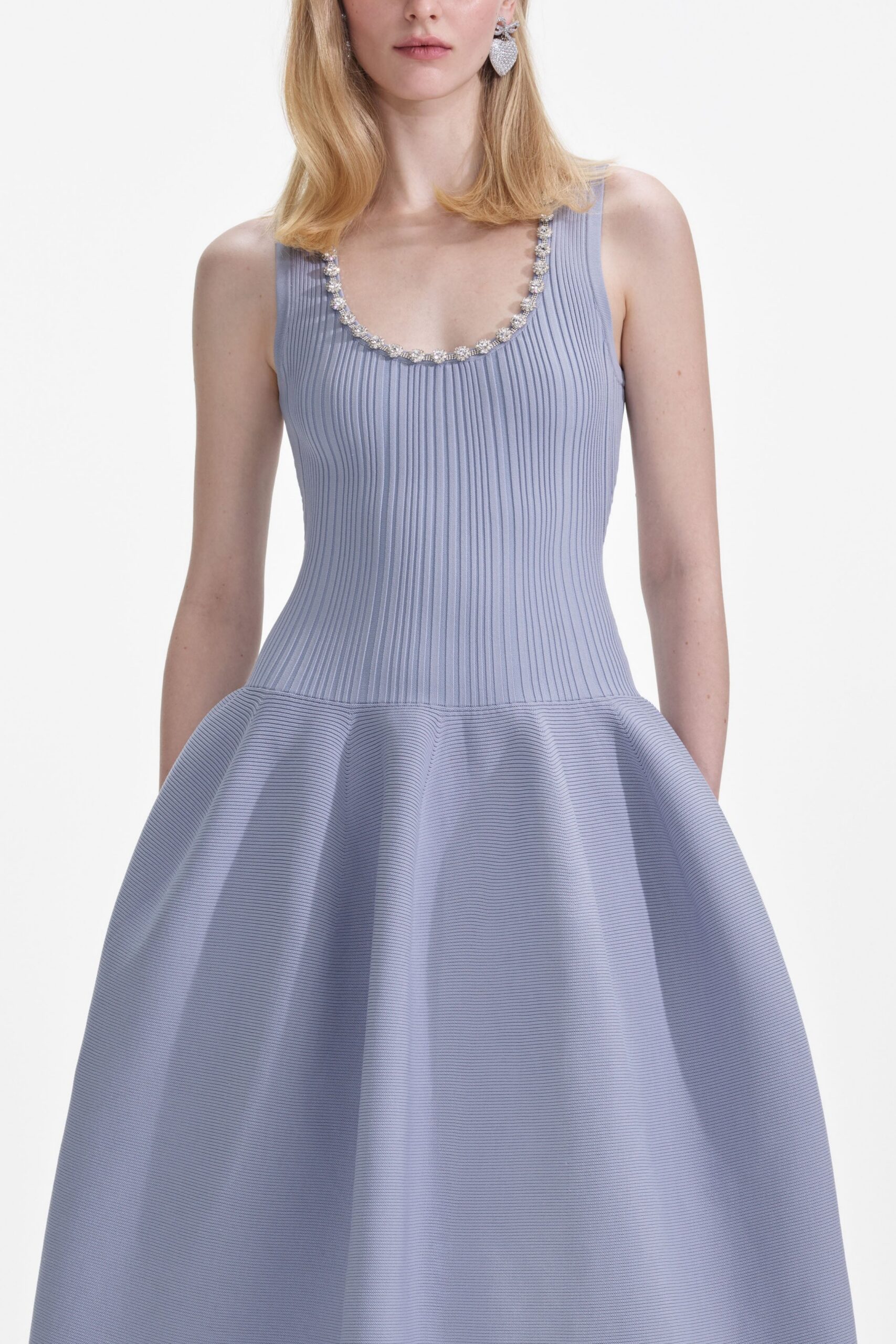 BLUE RIBBED MIDI DRESS WITH DIAMANTE DETAIL FOR PARTY